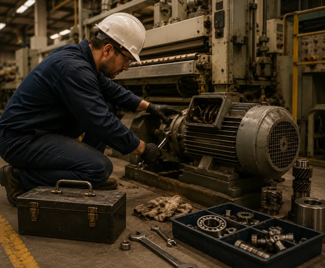 Técnico realizando manutenção preventiva em equipamento madeireiro